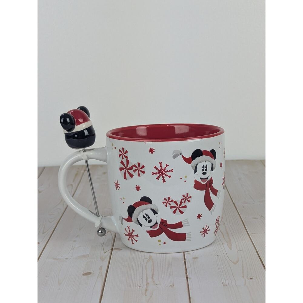 Disney Mickey Mouse Christmas Mug with Stirrer Holiday Peppermint Red White NEW
